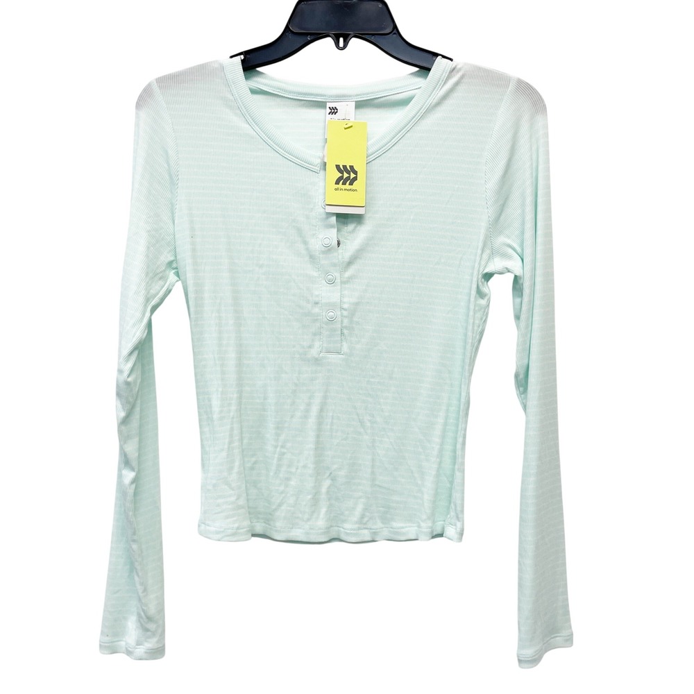 All in Motion Women's Light Green Striped Henley Long Sleeve Top Size Small